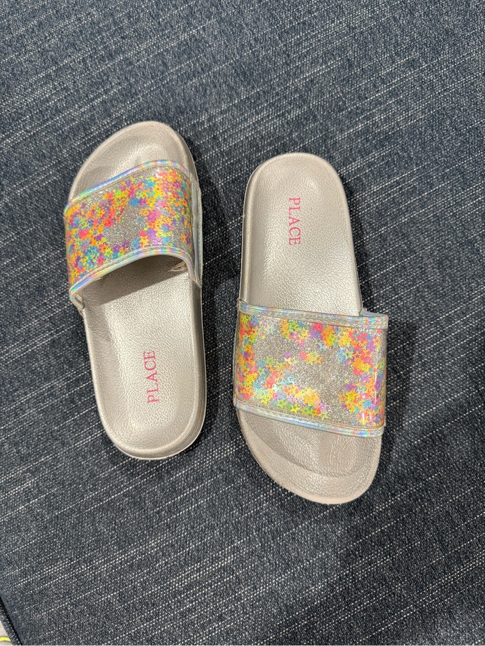 Place Girls' Silver Slide Sandals with Multicolor Star Glitter